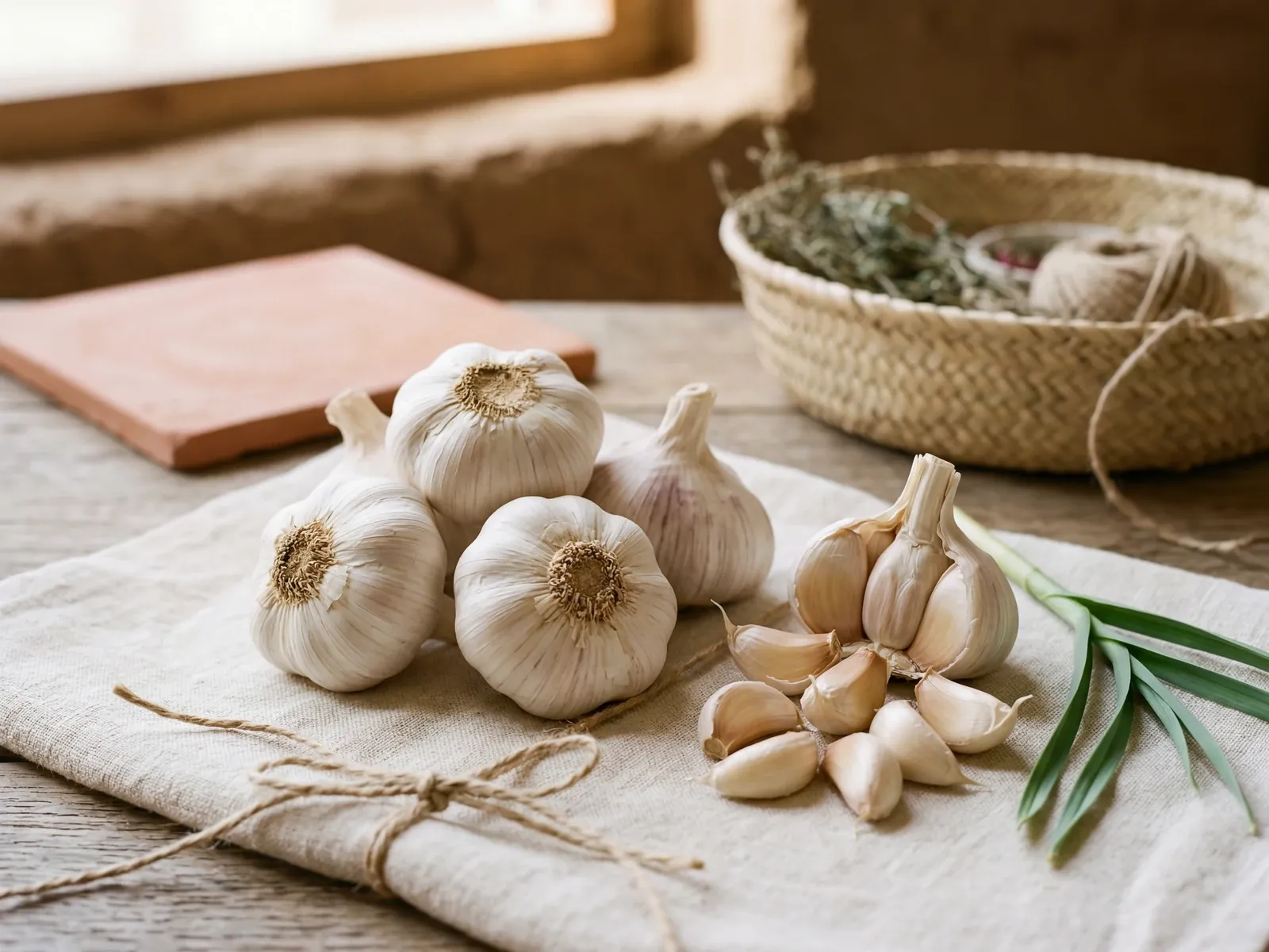 Egyptian white garlic bulbs, cured and trimmed