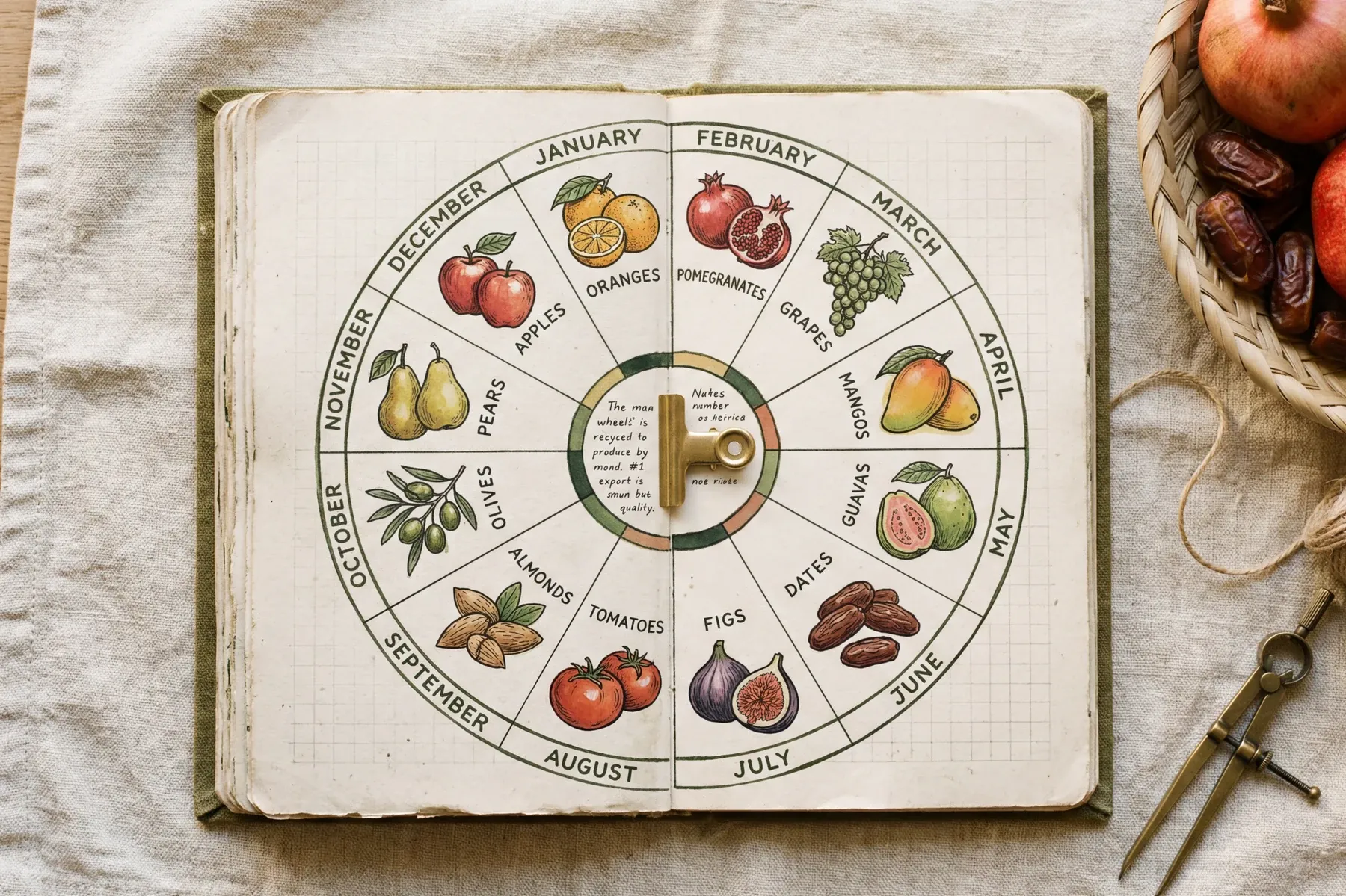 Hand-illustrated harvest calendar wheel with twelve months of Egyptian produce